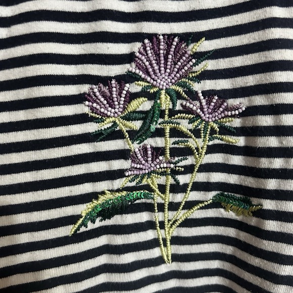 Talbots Authentic Tee Womens M/L Navy White Stripe Floral Embroidered Shirt - Picture 2 of 6